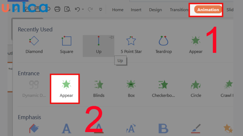 Vào mục Animations chọn Appear