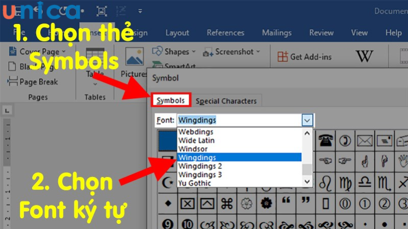 Vào thẻ Symbols chọn font ký tự