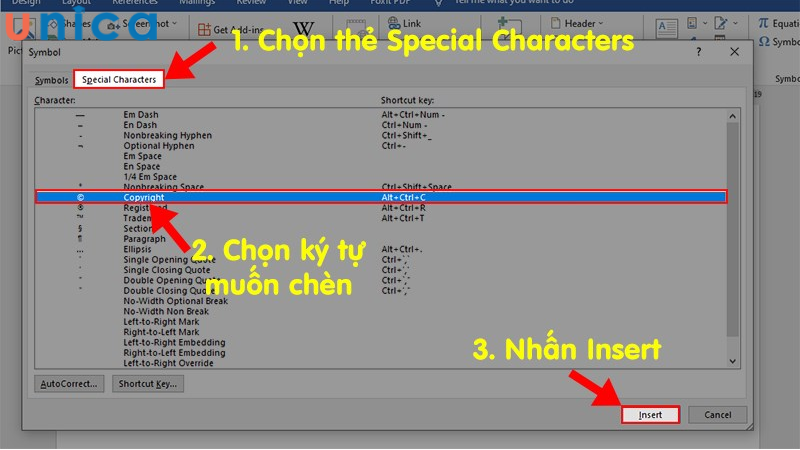 Khi xuất hiện hộp thoại chọn thẻ Special Character