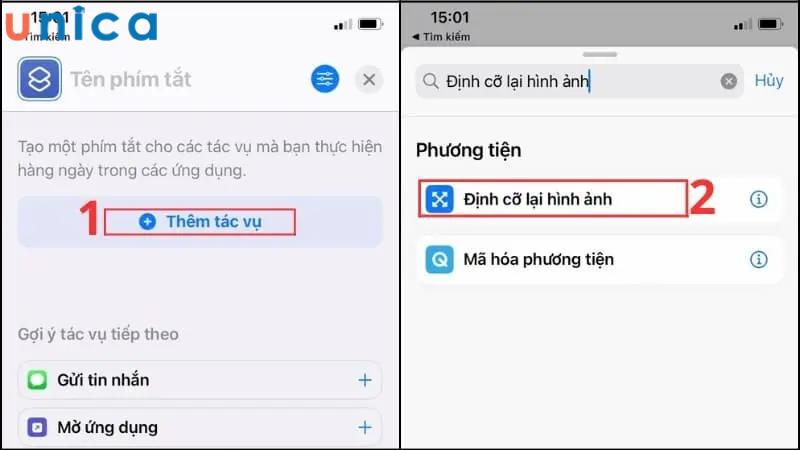 Mở ứng dụng phím tắt và thực hiện các tác vụ sau