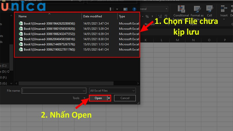 Xuất hiện hộp thoại có các phiên bản file Excel mà bạn chưa kịp lưu