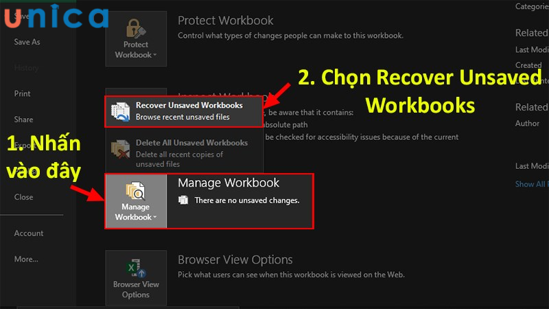  Chọn Manage Workbook rồi chọn Recover Unsaved Workbooks.