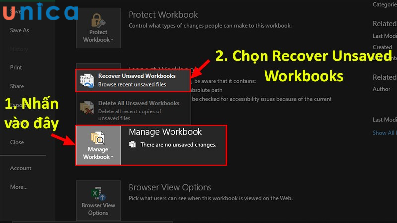 Chọn Manage Workbook rồi chọn Recover Unsaved Workbooks.