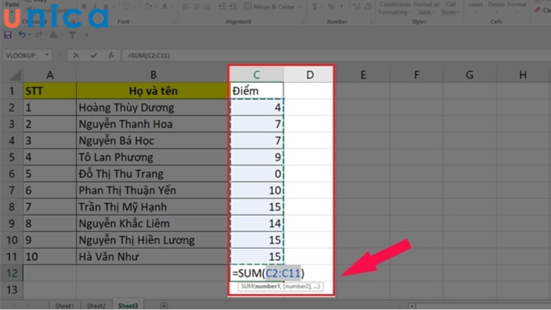 Nhập hàm SUM để tính tổng trong Excel