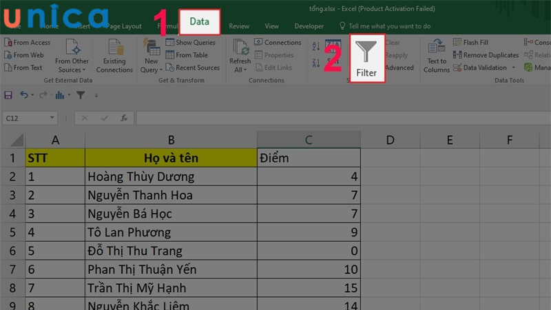 Chọn Data sau đó chọn Filter