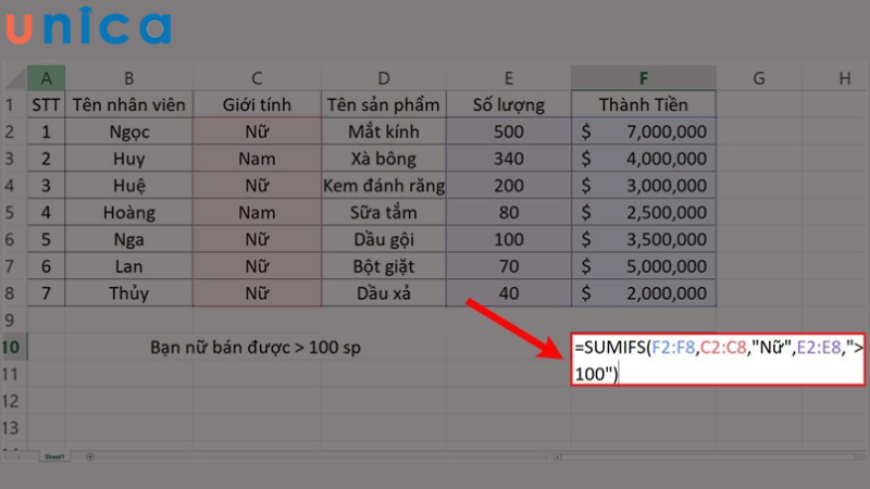 Ví dụ 2 về cách sử dụng hàm Sumiffs trong Excel