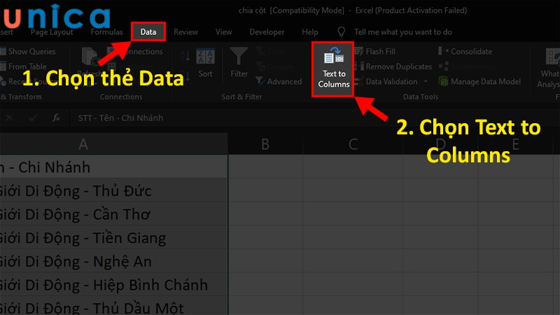 Trên thanh công cụ chọn thẻ Data và chọn tính năng Text to Columns