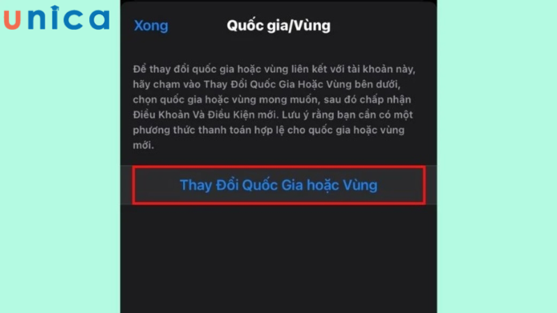 Chọn mục Thay đổi Quốc gia hoặc Vùng