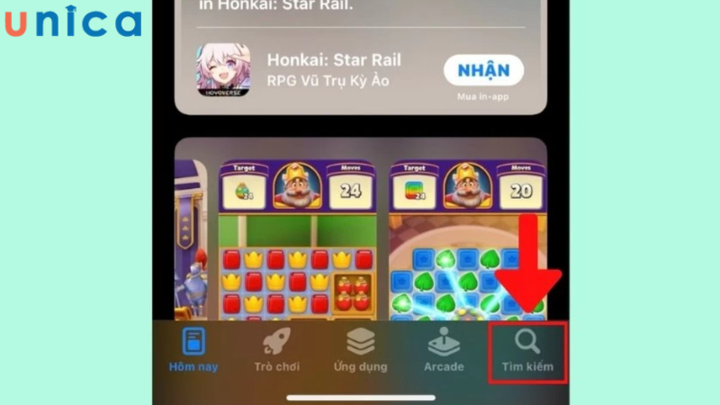 Ấn vào biểu tượng tìm kiếm trong App Store