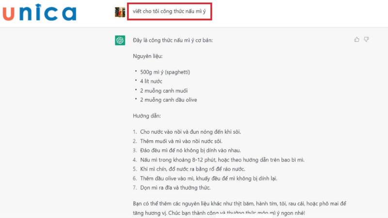 Sử dụng Chat GPT để học công thức nấu ăn