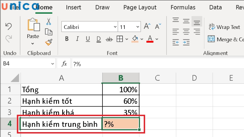Ví dụ tính phần trăm trong Excel