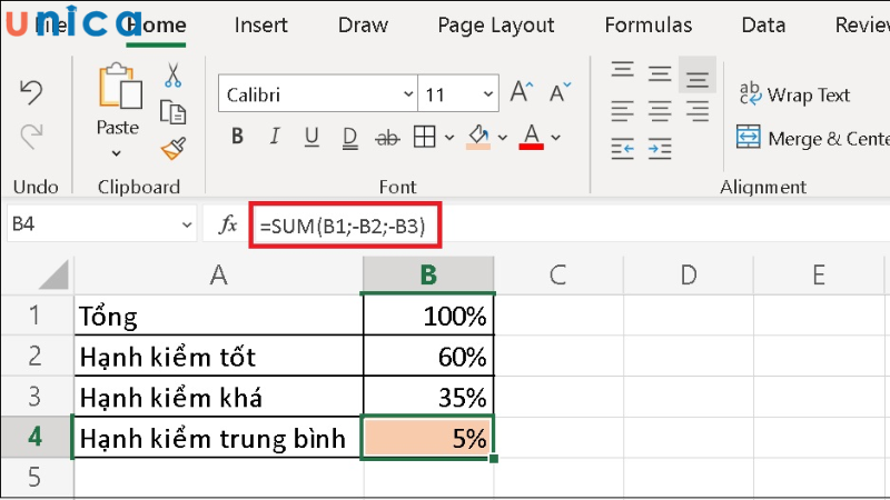 Áp dụng công thức  = SUM(B1; -B2; -B3 để tính phần trăm