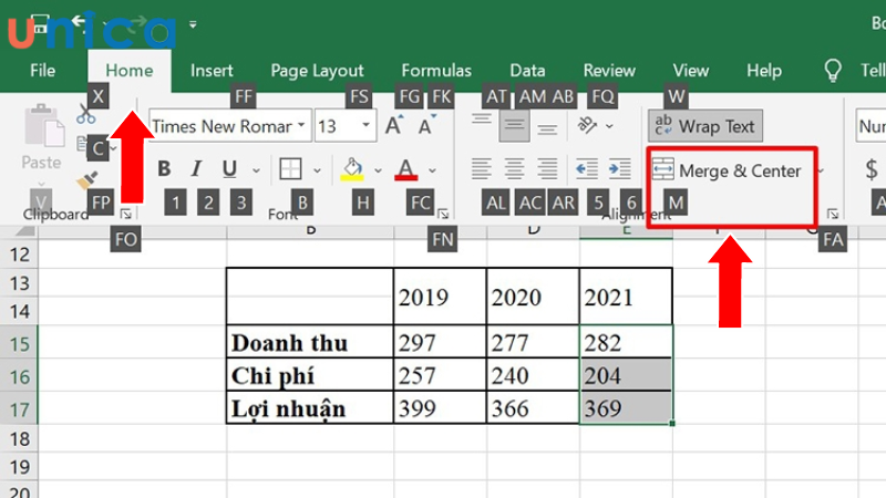 Ấn phím tắt M để chọn Merge & Center