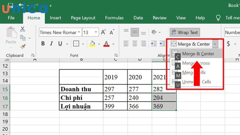  Các phím tắt gộp ô trong excel