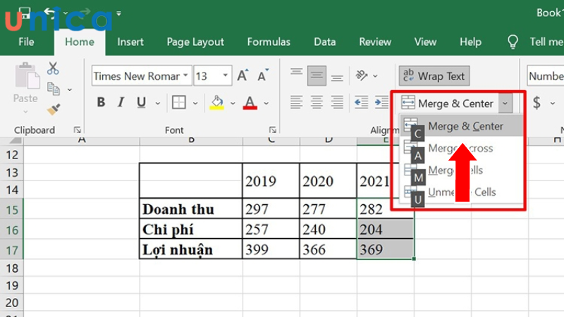 Các phím tắt gộp ô trong excel