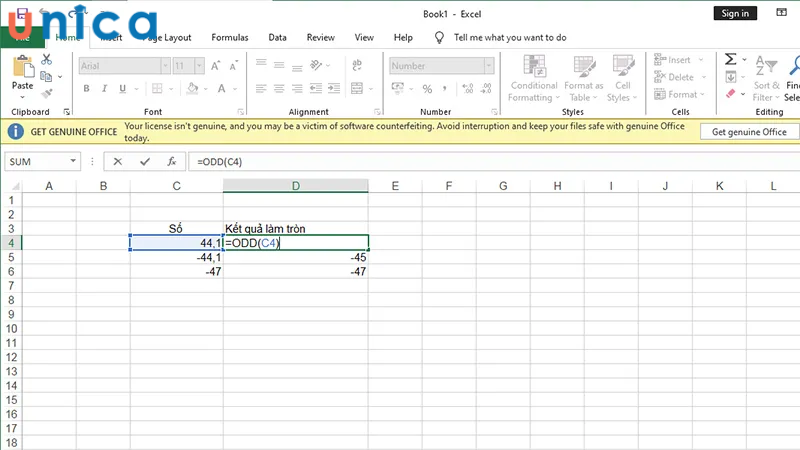 Sử dụng hàm ODD để làm tròn số trong Excel