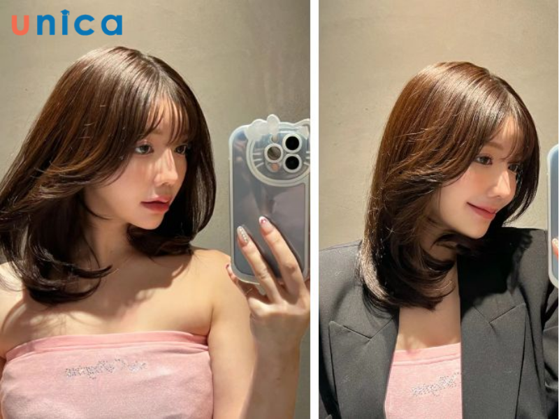 Tóc ngắn ngang vai duỗi cụp thể hiển sự sắc sảo