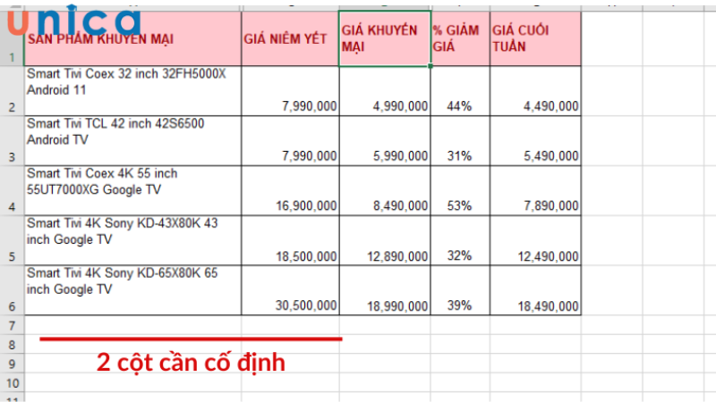 Xác định cột cần cố định trong Excel