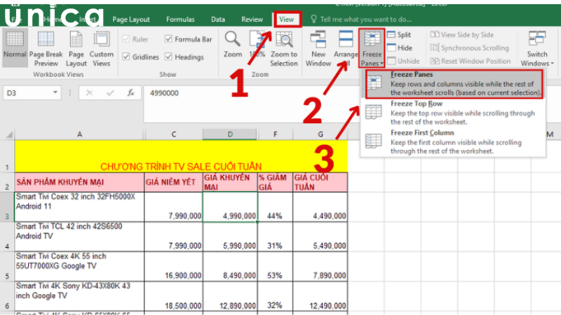 Thao tác cố định nhiều vùng trong Excel