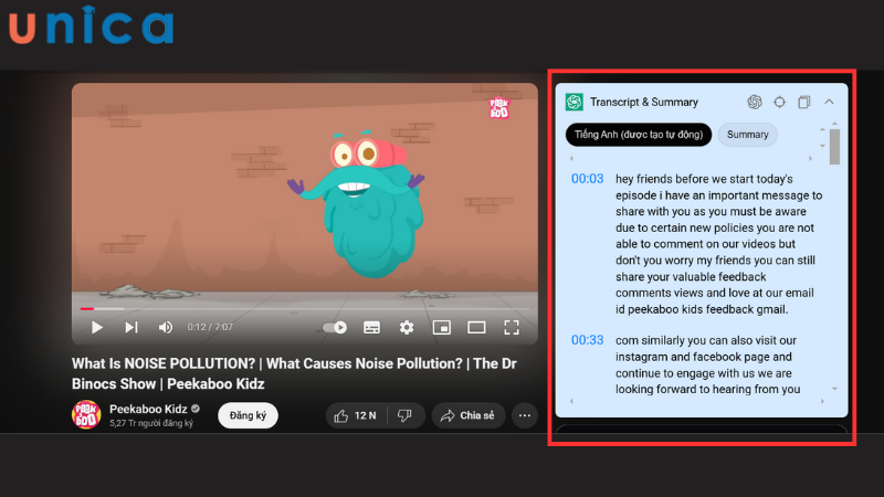 Ấn vào mục Transcript & Summary ngay bên cạnh video