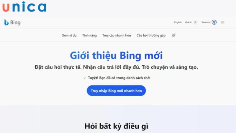 Đăng nhập vào website của Bing AI