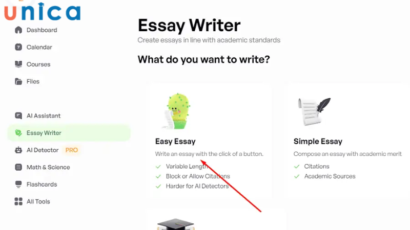 Chọn Easy Essay để bắt đầu viết luận