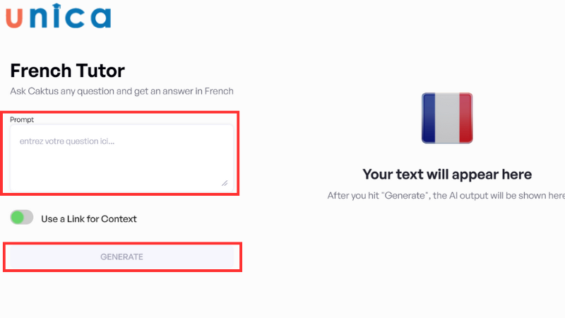 Điền yêu cầu tại ô văn bản rồi ấn Generate để yêu cầu Caktus AI