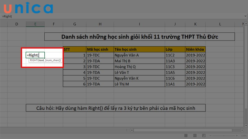 Nhập công thức hàm Right