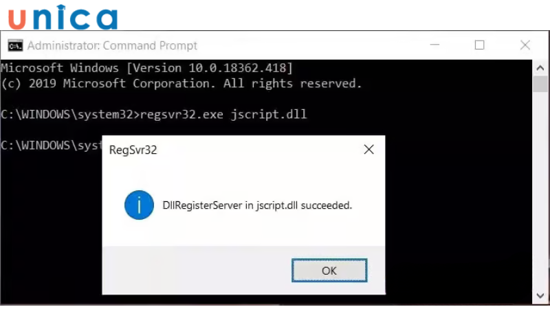 Gõ lệnh regsvr32 jscript.dll  nhấn Enter trong Command Prompt