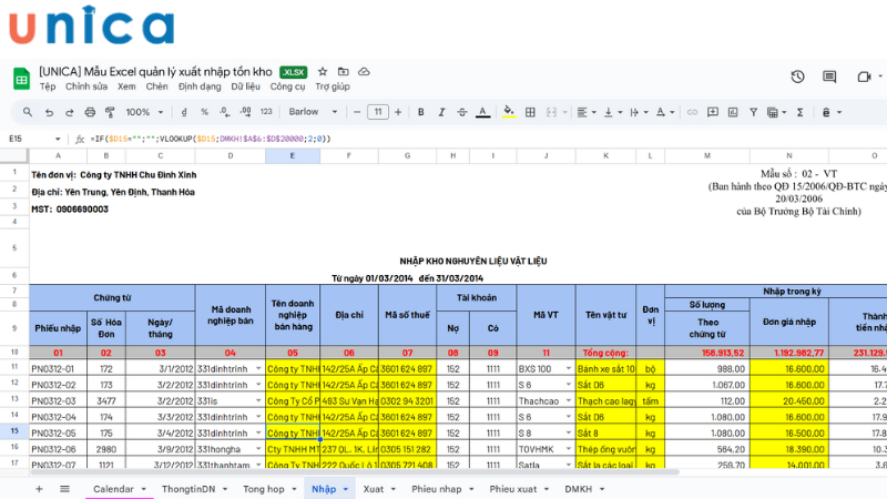 File Excel quản lý xuất nhập tồn kho  