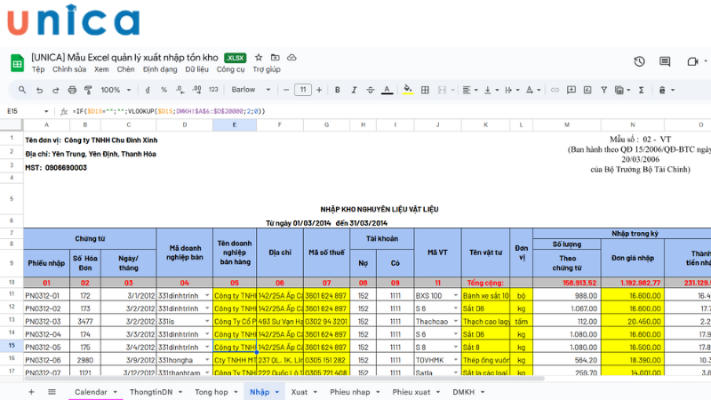 File Excel quản lý xuất nhập tồn kho
