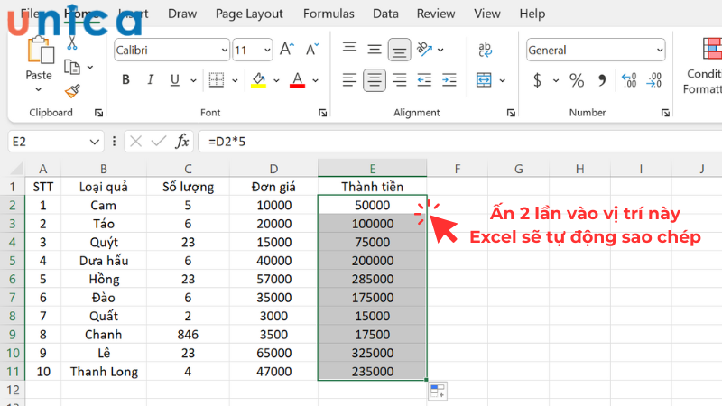 Nhấn đúp chuột hai lần dể Excel tự động điền 