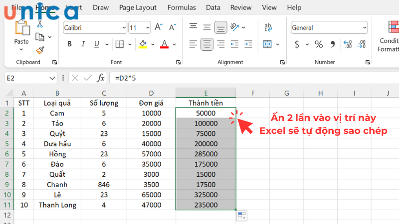 Nhấn đúp chuột hai lần dể Excel tự động điền