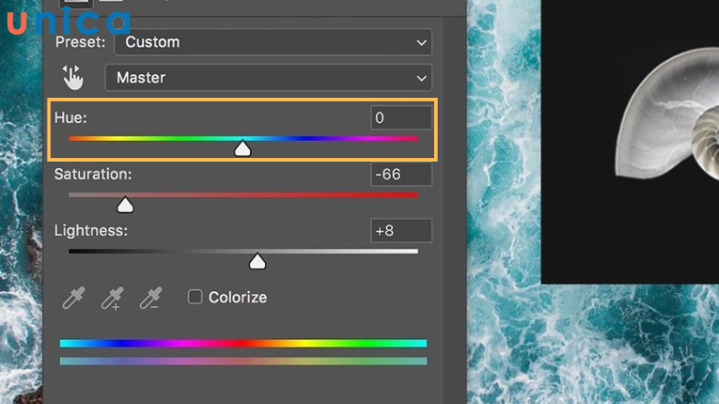 Điều chỉnh thanh Hue để thay đổi màu sắc