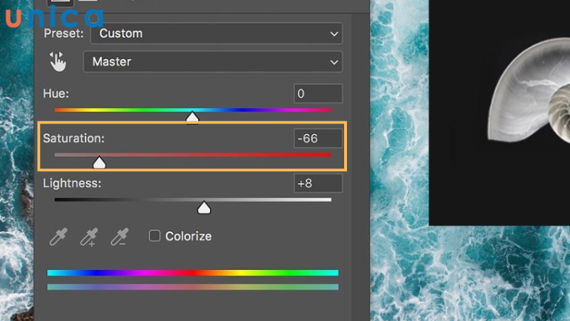 Điều chỉnh thanh Saturation để thay đổi độ bão hòa