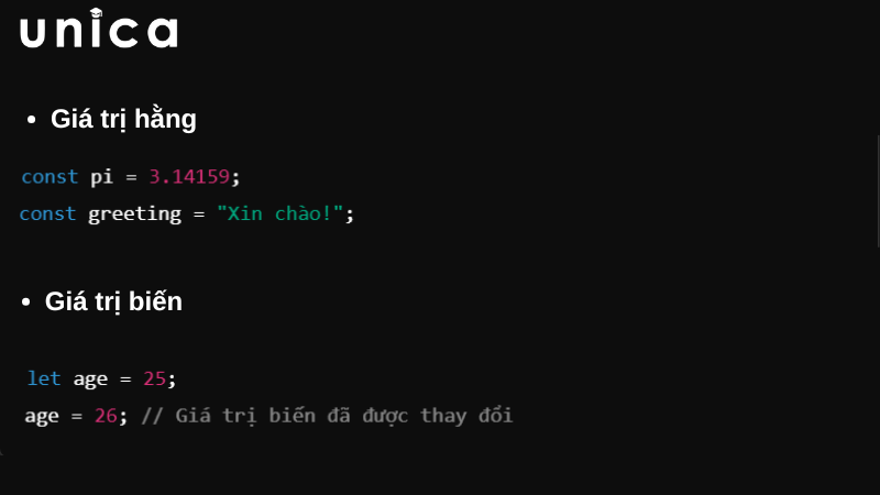 Cú pháp JavaScript xác định có hai loại giá trị là Literals và Variables