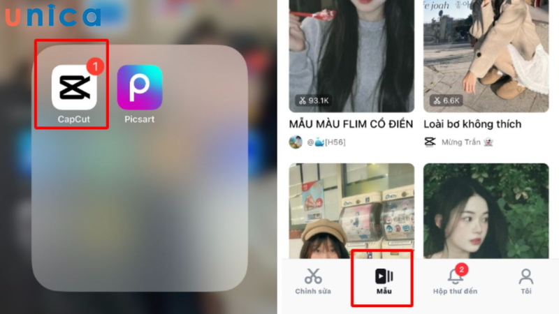 Mở ứng dụng Capcut rồi chuyển sang tab Mẫu