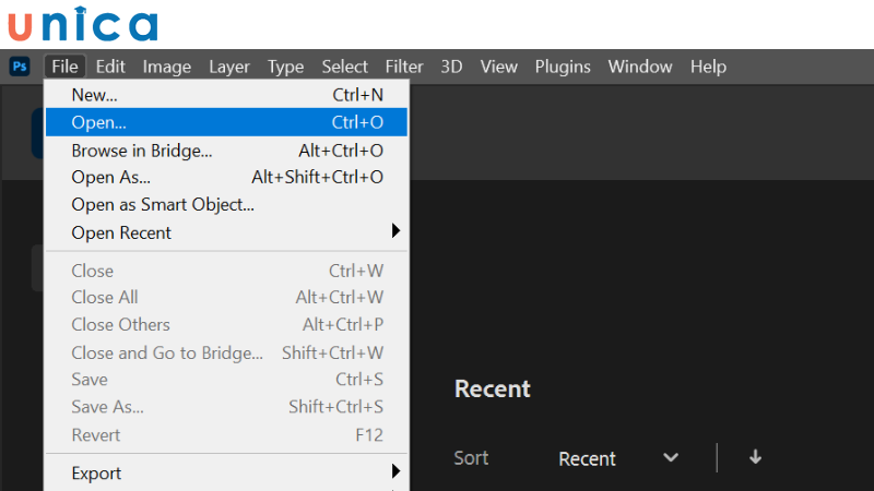 Trên thanh công cụ chọn File rồi Open hoặc ấn tổ hợp Ctrl + O 