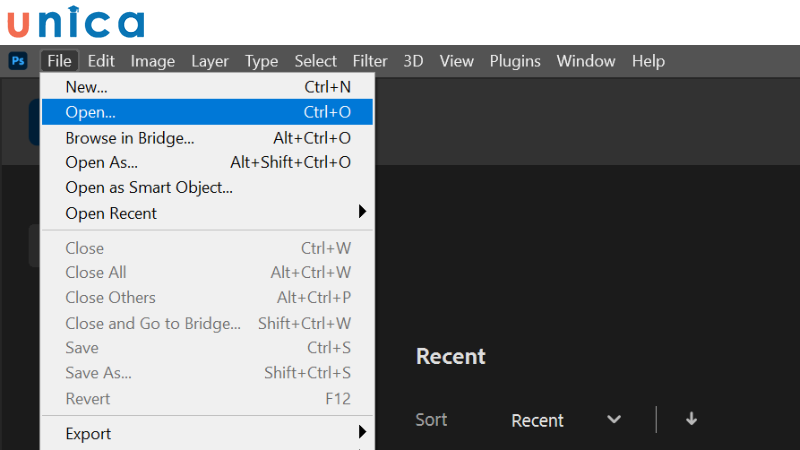 Trên thanh công cụ chọn File rồi Open hoặc ấn tổ hợp Ctrl + O
