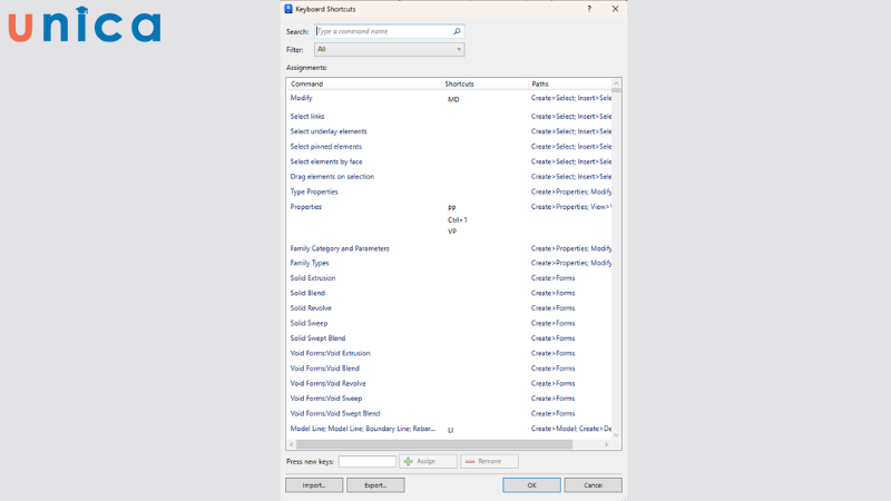 Revit cung cấp một bảng keybroad shortcut cho người dùng