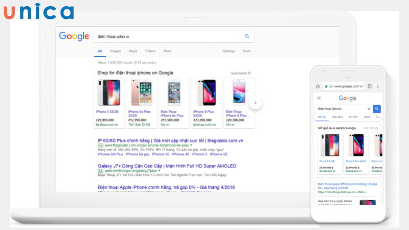 Google Shopping được bố trí sản phẩm theo dạng lưới ngang hoặc bên phải