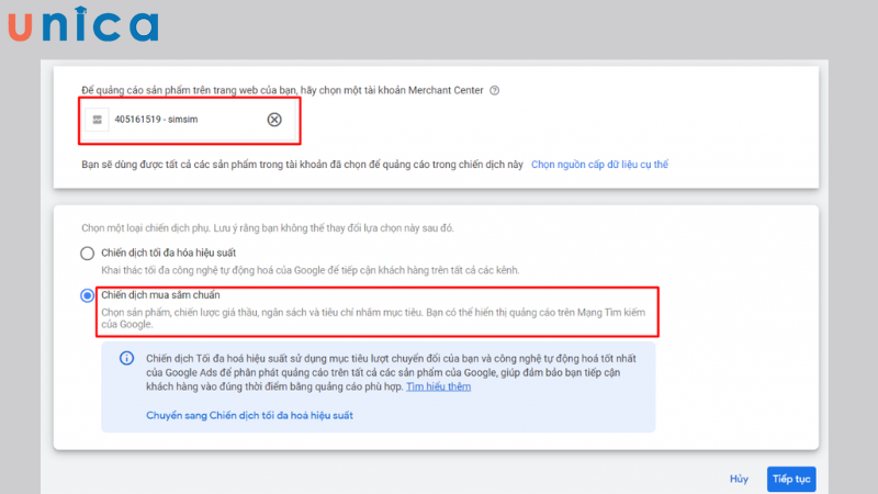 Liên kết tài khoản và chọn mục Chiến dịch mua sắm chuẩn