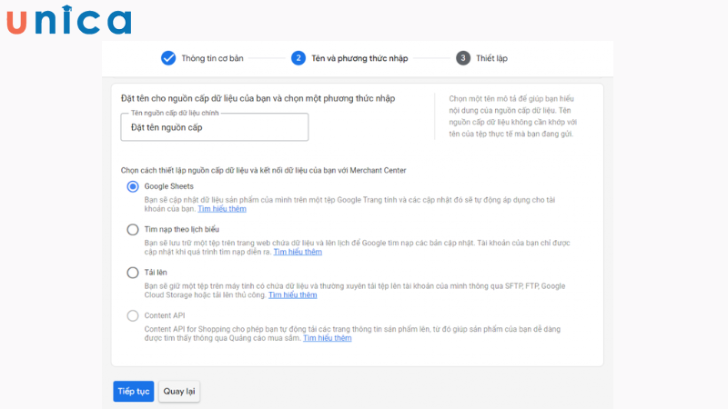 Tiếp tục đặt tên và thiết lập nguồn cấp