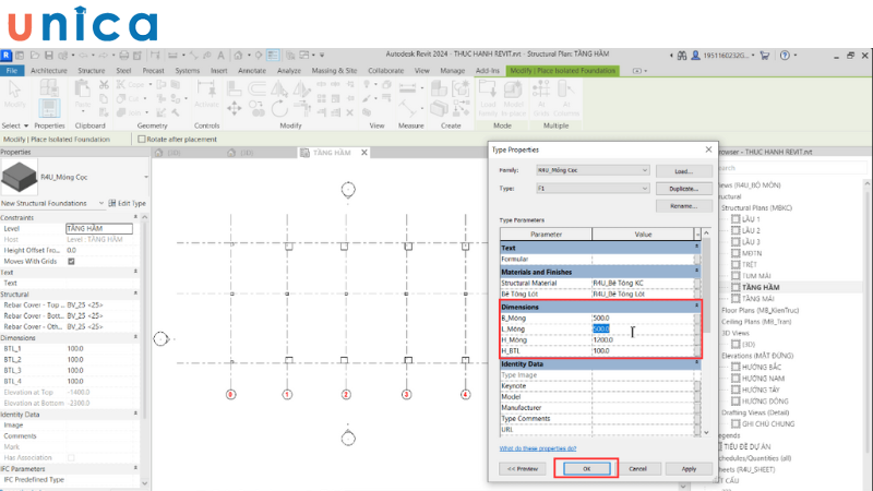 Lần lượt điều chỉnh kích thước các kích thước Family móng.