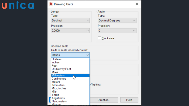 Tại mục Units to scale inserted content đổi từ Inches sang Millimeters