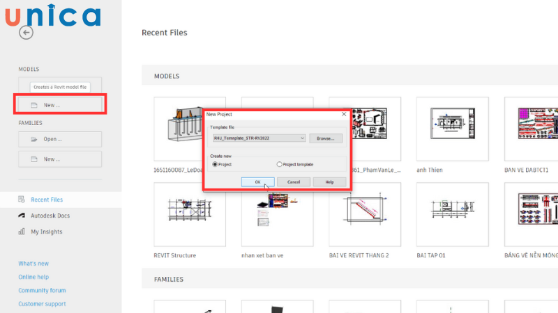 Thực hiện mở một dự án mới trong Revit 