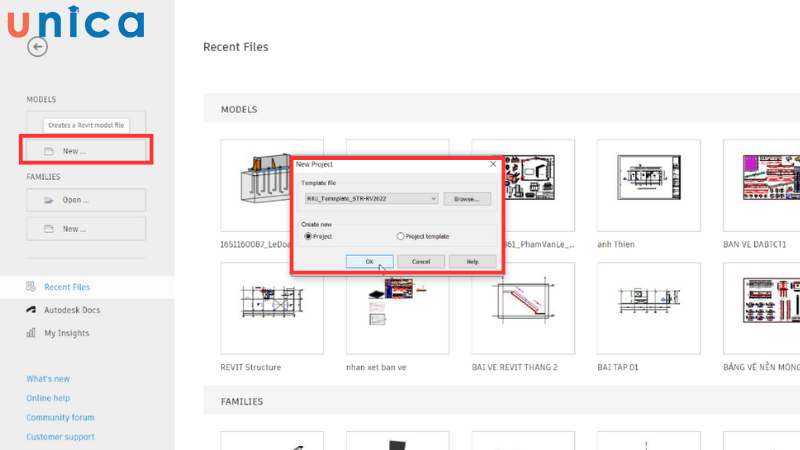 Thực hiện mở một dự án mới trong Revit