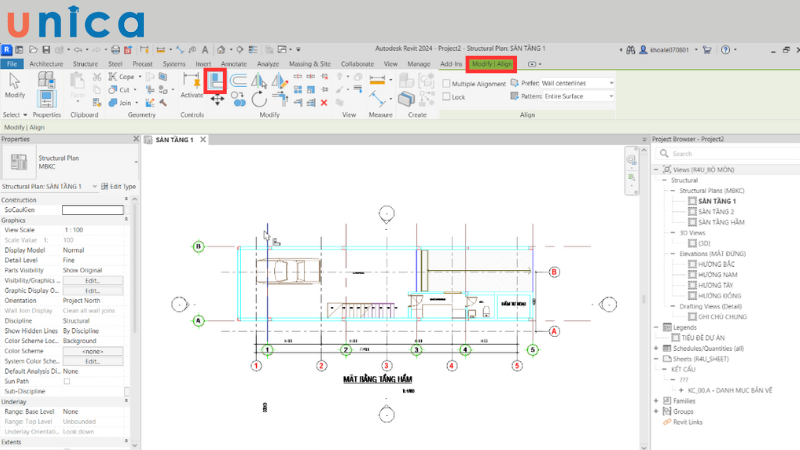 Thực hiện lệnh Align để điều chỉnh, di dời vị trí lưới trục sơ bộ trong Revit