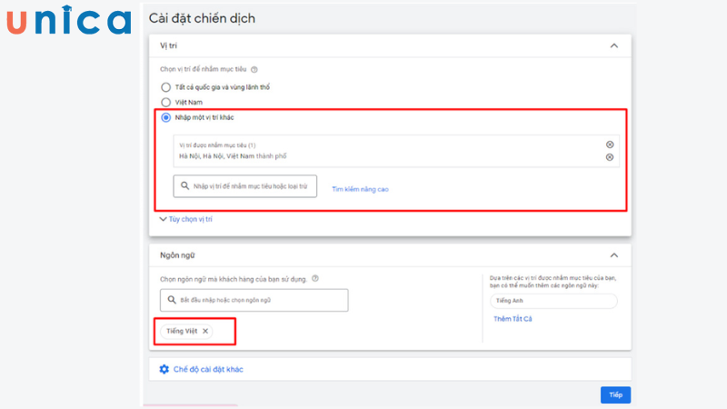 Thiết lập vị trí và ngôn ngữ mà bạn muốn quảng cáo hiển thị