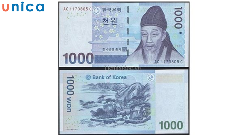 Tiền giấy 1000 won là loại tiền mới phát hành 2007 với màu chủ đạo là màu xanh dương